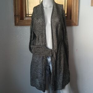 Eileen Fisher Metallic Mesh Black Cardigan Large, Open Front Dark Romance